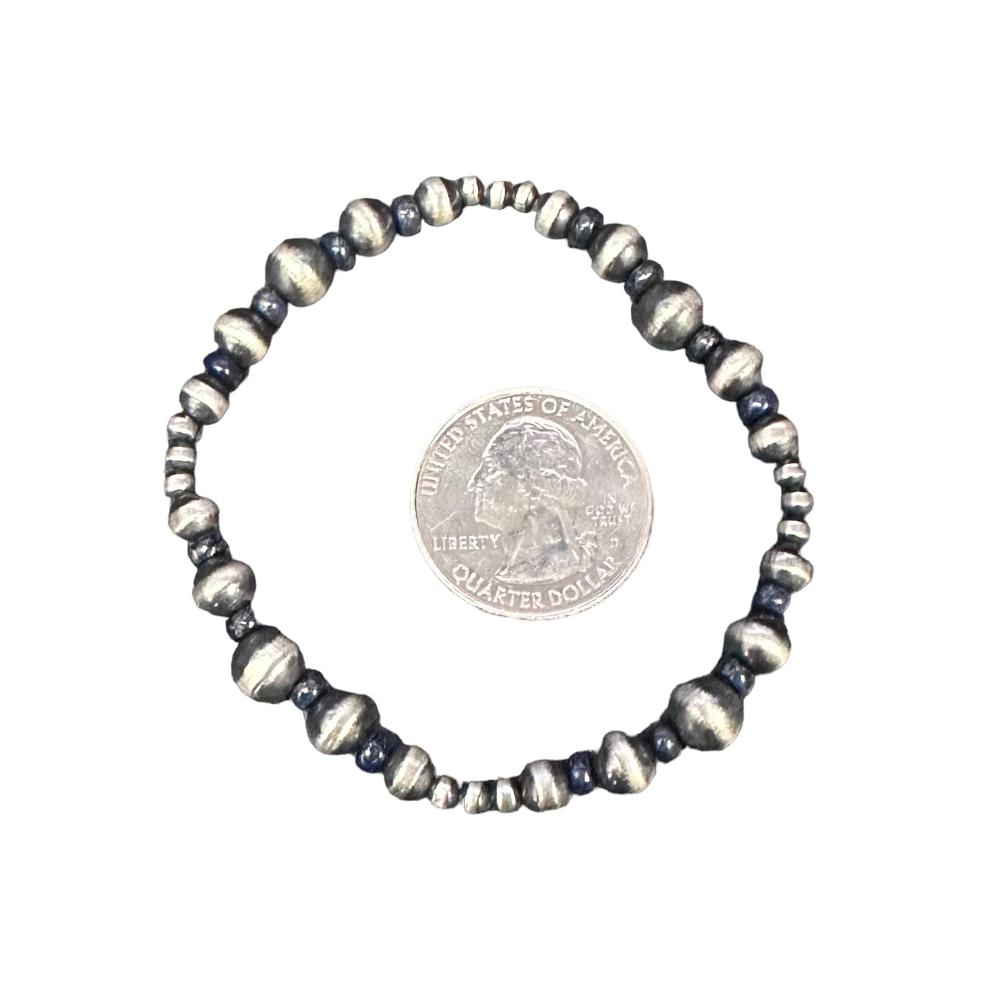 Lapis Desert Pearls Oxidized Bead Stretch Bracelet Sterling Silver