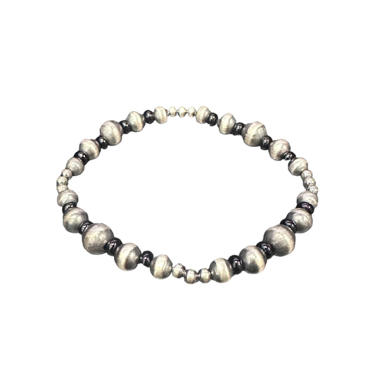 Onyx Navajo Pearl Oxidized Bead Stretch Bracelet Sterling Silver