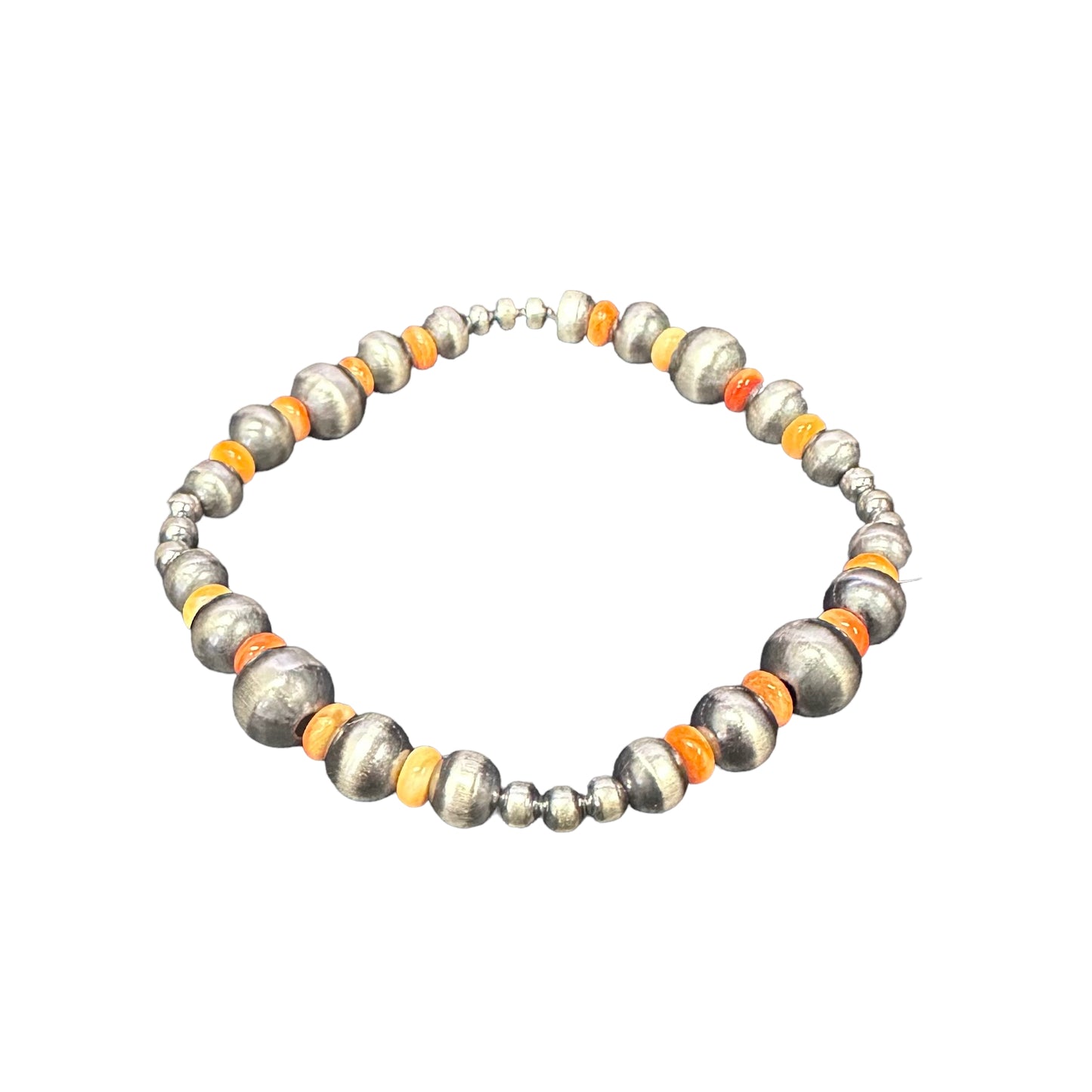 Orange Spiny Oyster Desert Pearls Oxidized Bead Stretch Bracelet Sterling Silver