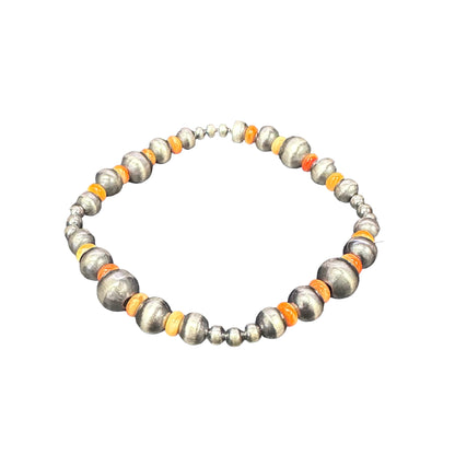 Orange Spiny Oyster Desert Pearls Oxidized Bead Stretch Bracelet Sterling Silver