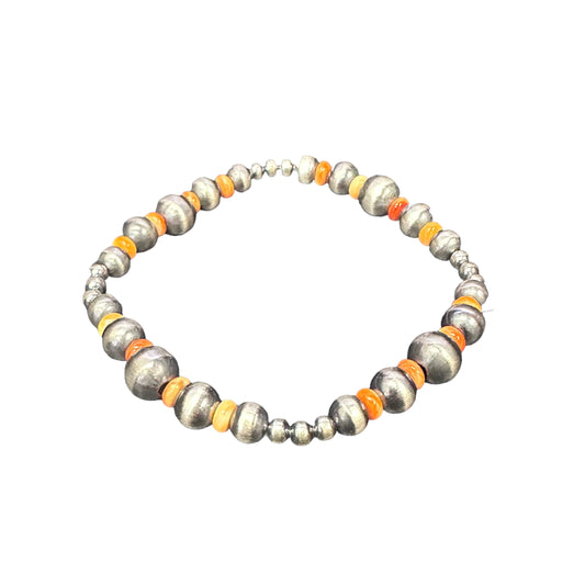 Orange Spiny Oyster Desert Pearls Oxidized Bead Stretch Bracelet Sterling Silver
