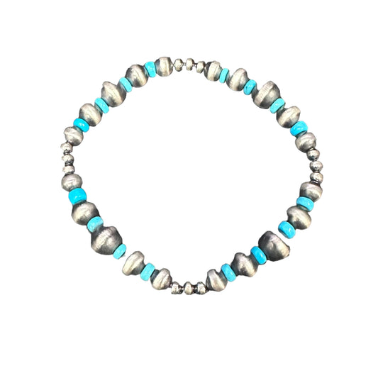 Blue Turquoise Navajo Pearl Oxidized Bead Stretch Bracelet Sterling Silver