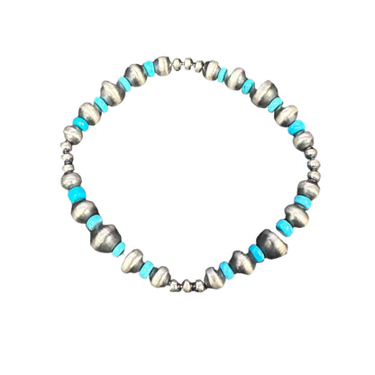 Blue Turquoise Desert Pearls Oxidized Bead Stretch Bracelet Sterling Silver