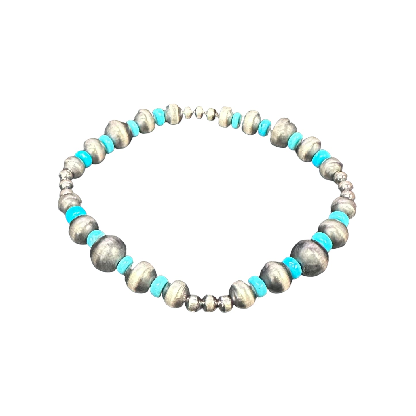 Blue Turquoise Navajo Pearl Oxidized Bead Stretch Bracelet Sterling Silver