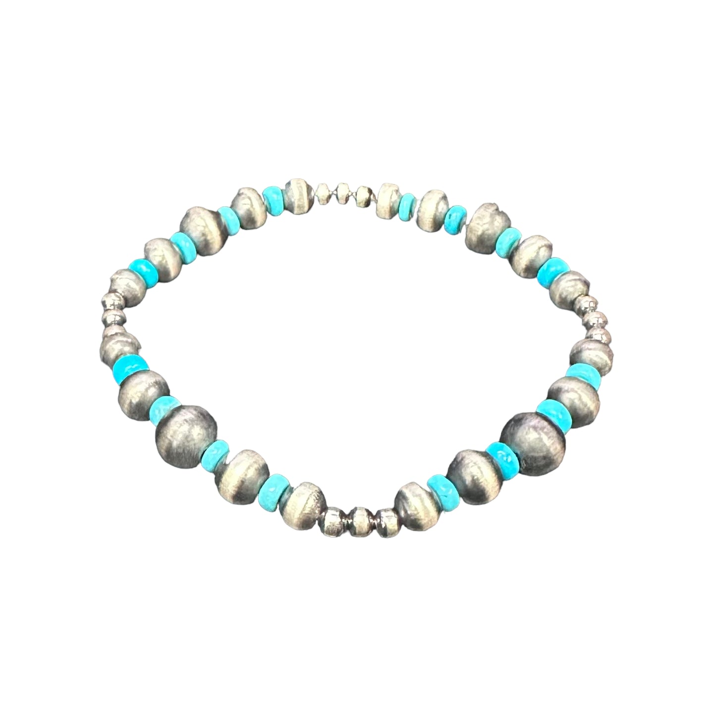 Blue Turquoise Desert Pearls Oxidized Bead Stretch Bracelet Sterling Silver