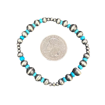 Blue Turquoise Desert Pearls Oxidized Bead Stretch Bracelet Sterling Silver