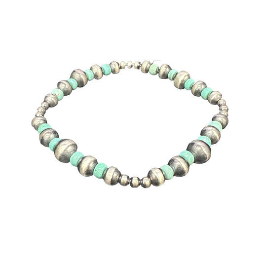 Green Turquoise Desert Pearls Oxidized Bead Stretch Bracelet Sterling Silver