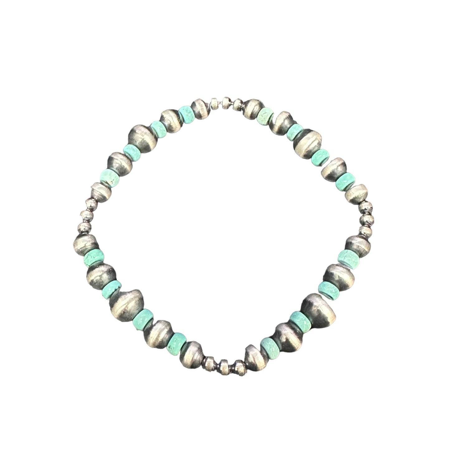Turquoise Navajo Pearl Oxidized Bead Stretch Bracelet Sterling Silver