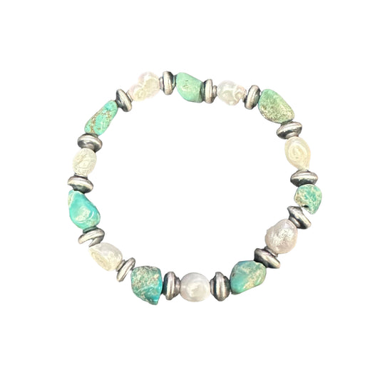 Pearl & Turquoise Desert Pearls Oxidized Bead Stretch Bracelet Sterling Silver