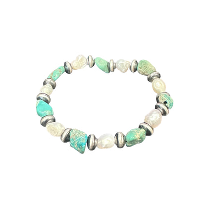 Pearl & Turquoise Desert Pearls Oxidized Bead Stretch Bracelet Sterling Silver