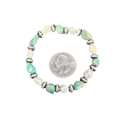 Pearl & Turquoise Desert Pearls Oxidized Bead Stretch Bracelet Sterling Silver