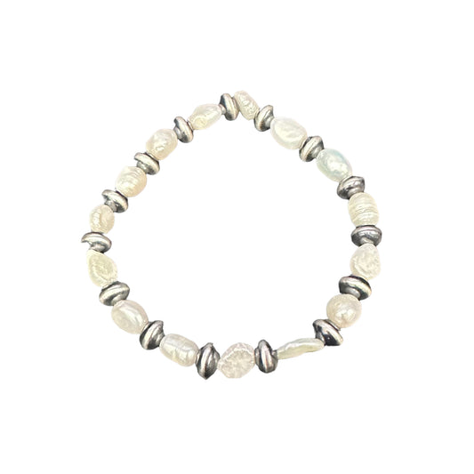 White Pearl & Navajo Pearl Oxidized Saucer Bead Stretch Bracelet Sterling Silver