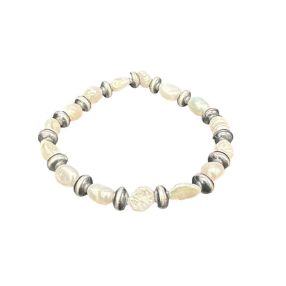 White Pearl & Desert Pearls Oxidized Saucer Bead Stretch Bracelet Sterling Silver