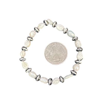 White Pearl & Desert Pearls Oxidized Saucer Bead Stretch Bracelet Sterling Silver