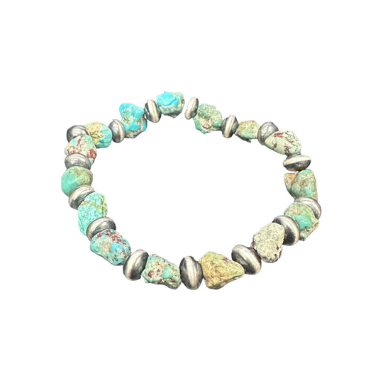 Turquoise Desert Pearls Oxidized Saucer Bead Stretch Bracelet Sterling Silver