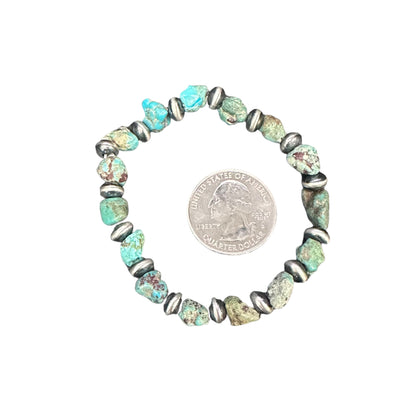 Turquoise Desert Pearls Oxidized Saucer Bead Stretch Bracelet Sterling Silver