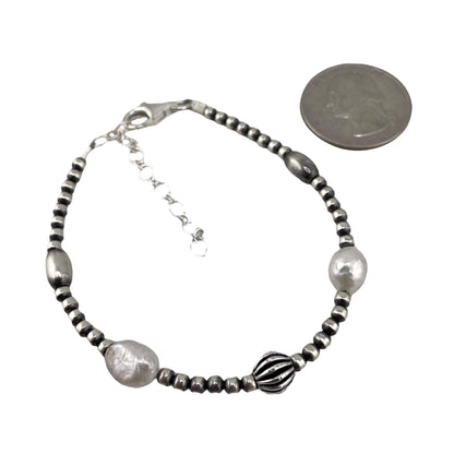 White Pearl & Desert Pearls Oxidized Bead Bracelet Sterling Silver
