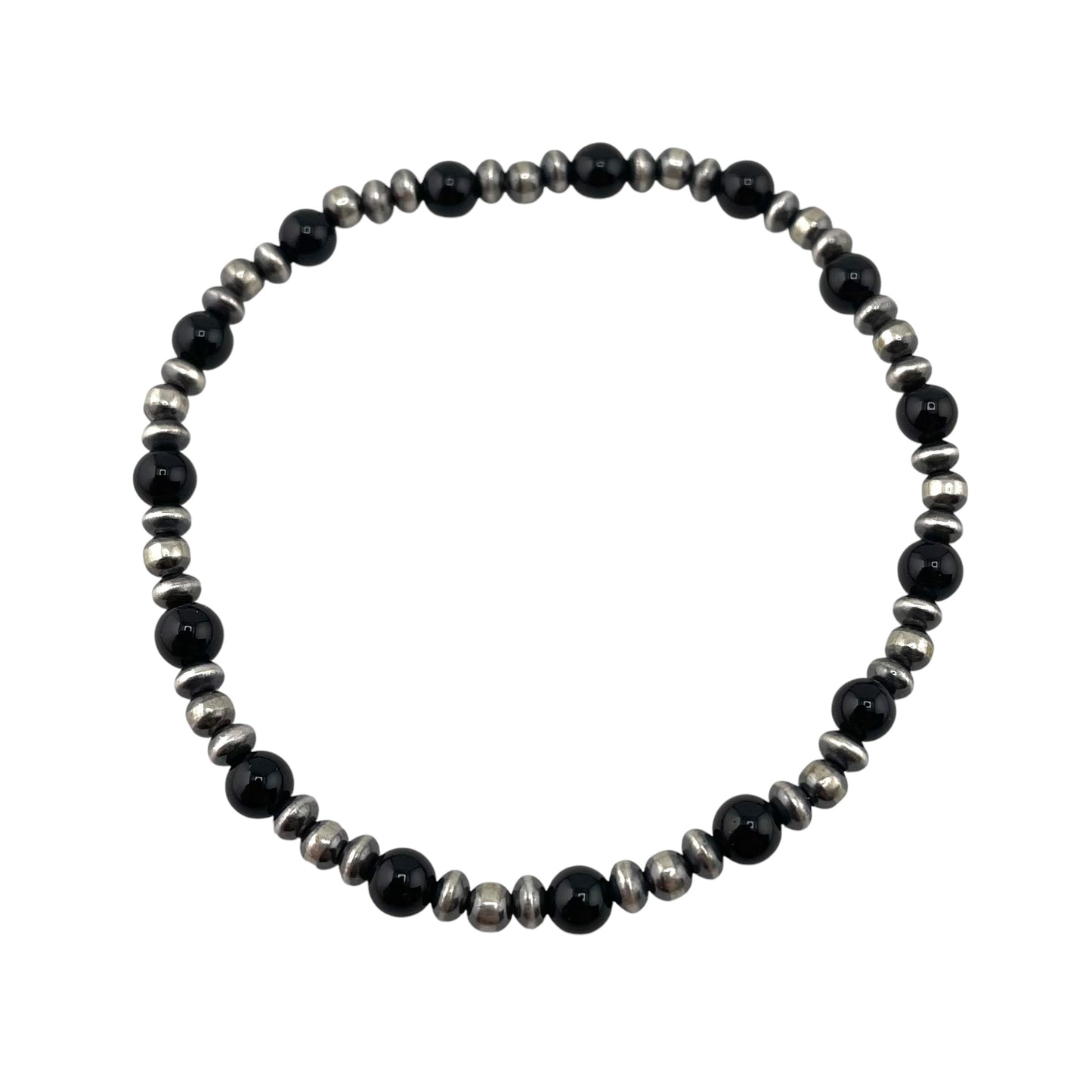 Black Onyx Desert Pearls Oxidized Bead Stretch Bracelet Sterling Silver