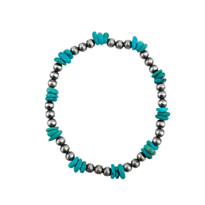 Blue Turquoise Desert Pearl Mixed Bead Stretch Bracelet Sterling Silver