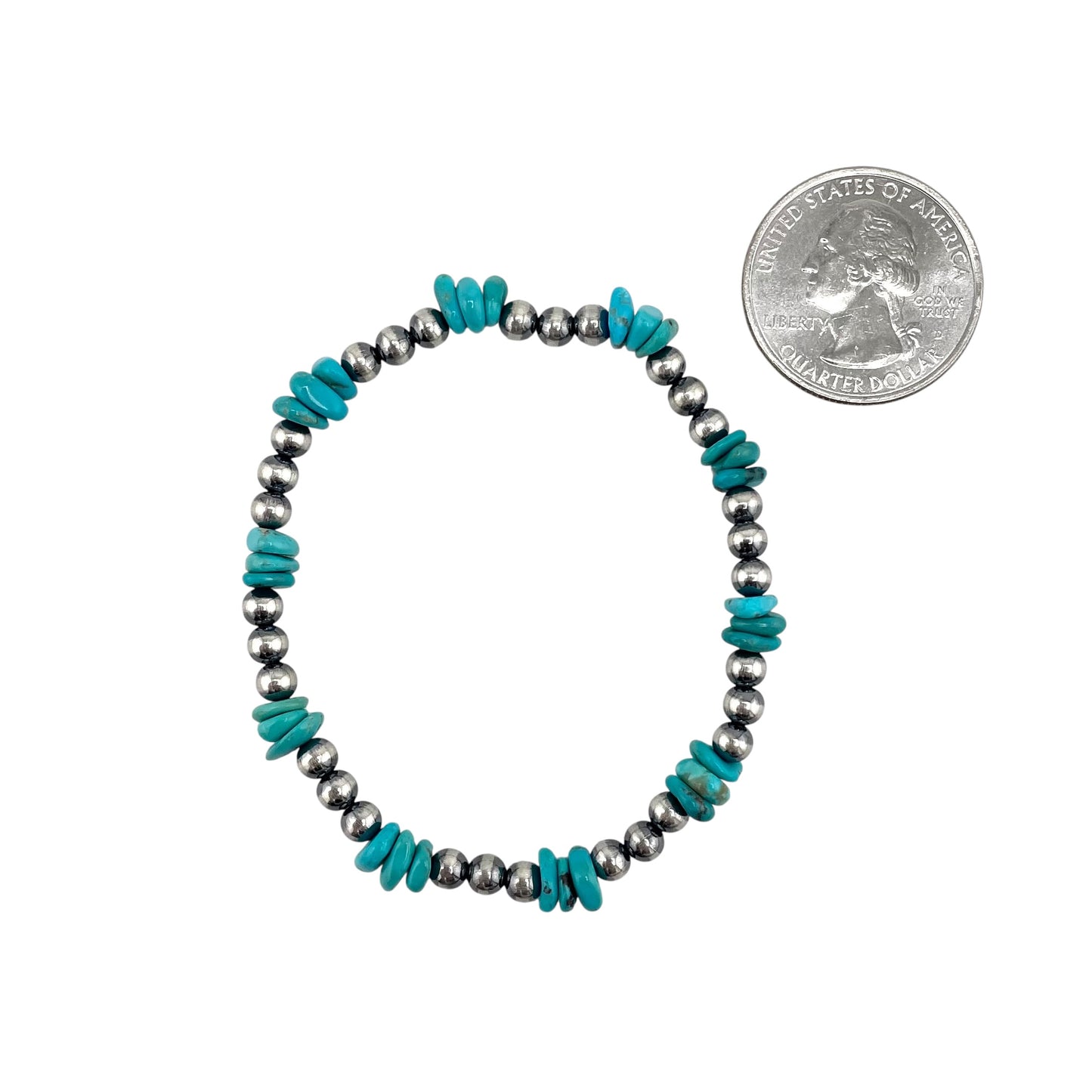 Blue Turquoise Desert Pearl Mixed Bead Stretch Bracelet Sterling Silver