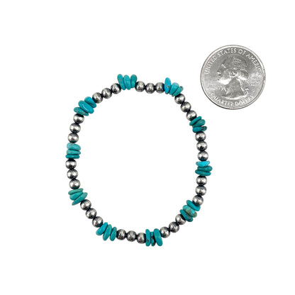 Blue Turquoise Desert Pearl Mixed Bead Stretch Bracelet Sterling Silver