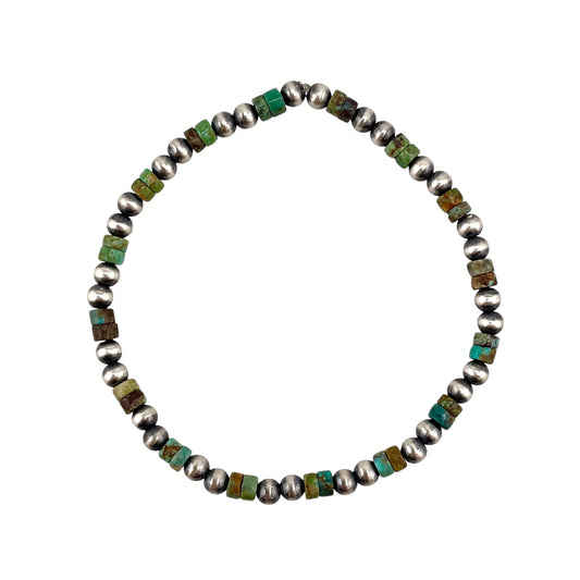 Turquoise Desert Pearl Oxidized Bead Stretch Bracelet Sterling Silver