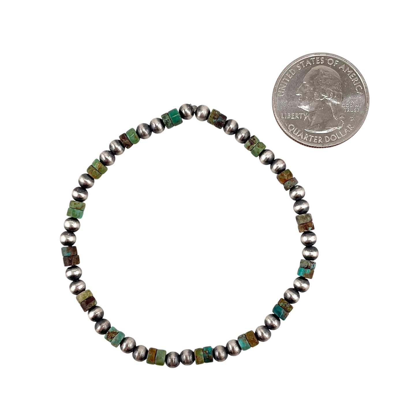 Turquoise Desert Pearl Oxidized Bead Stretch Bracelet Sterling Silver
