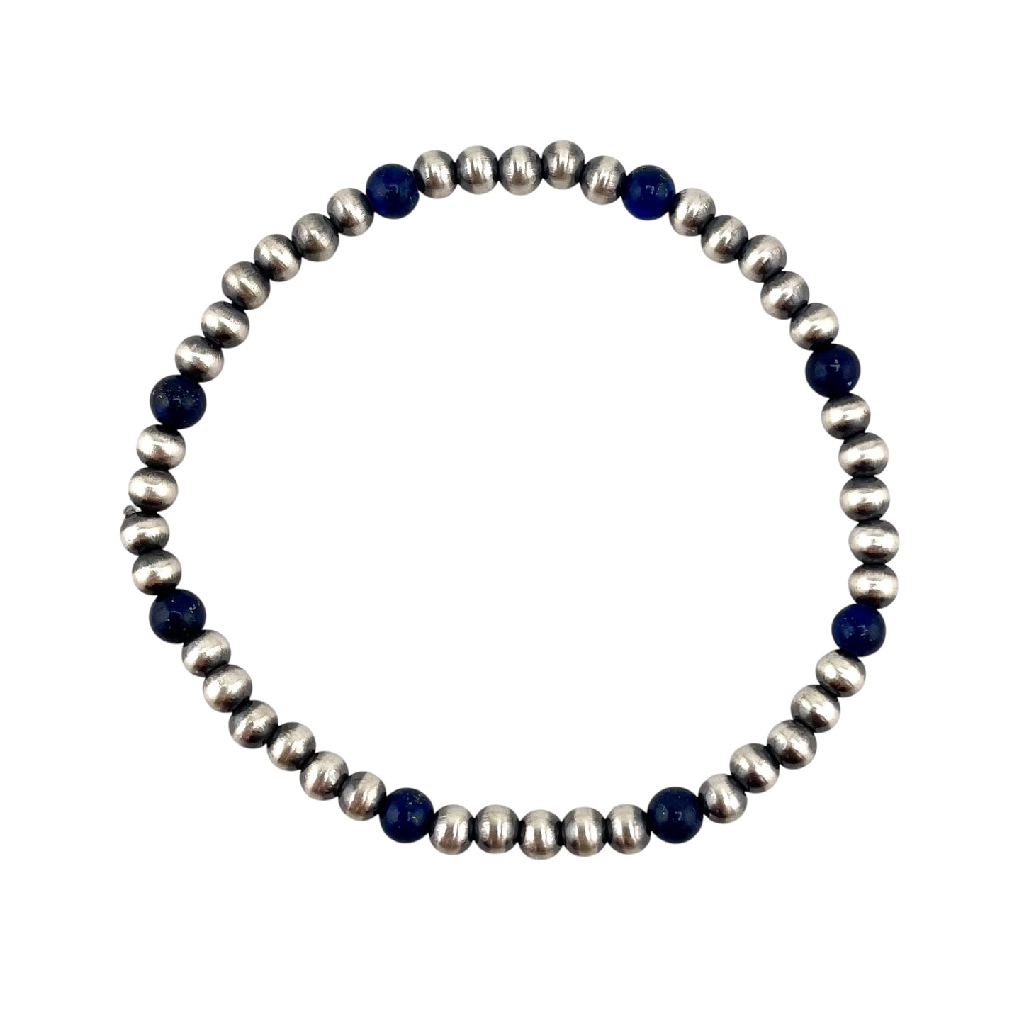 Lapis Desert Pearl 4mm Oxidized Round Bead Stretch Bracelet Sterling Silver
