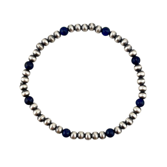 Lapis Desert Pearl 4mm Oxidized Round Bead Stretch Bracelet Sterling Silver
