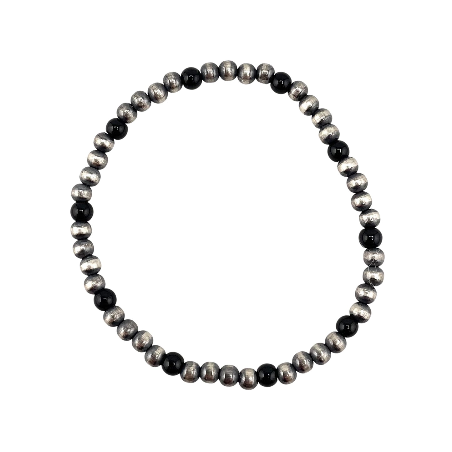 Onyx Desert Pearl 4mm Oxidized Round Bead Stretch Bracelet Sterling Silver