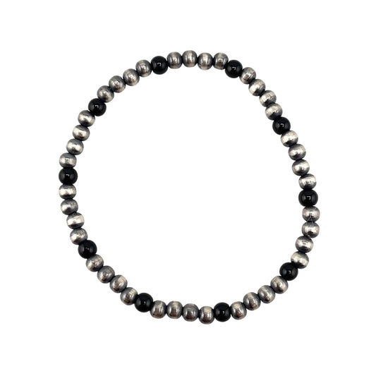 Onyx Desert Pearl 4mm Oxidized Round Bead Stretch Bracelet Sterling Silver