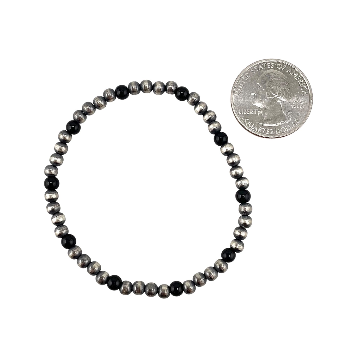 Onyx Desert Pearl 4mm Oxidized Round Bead Stretch Bracelet Sterling Silver