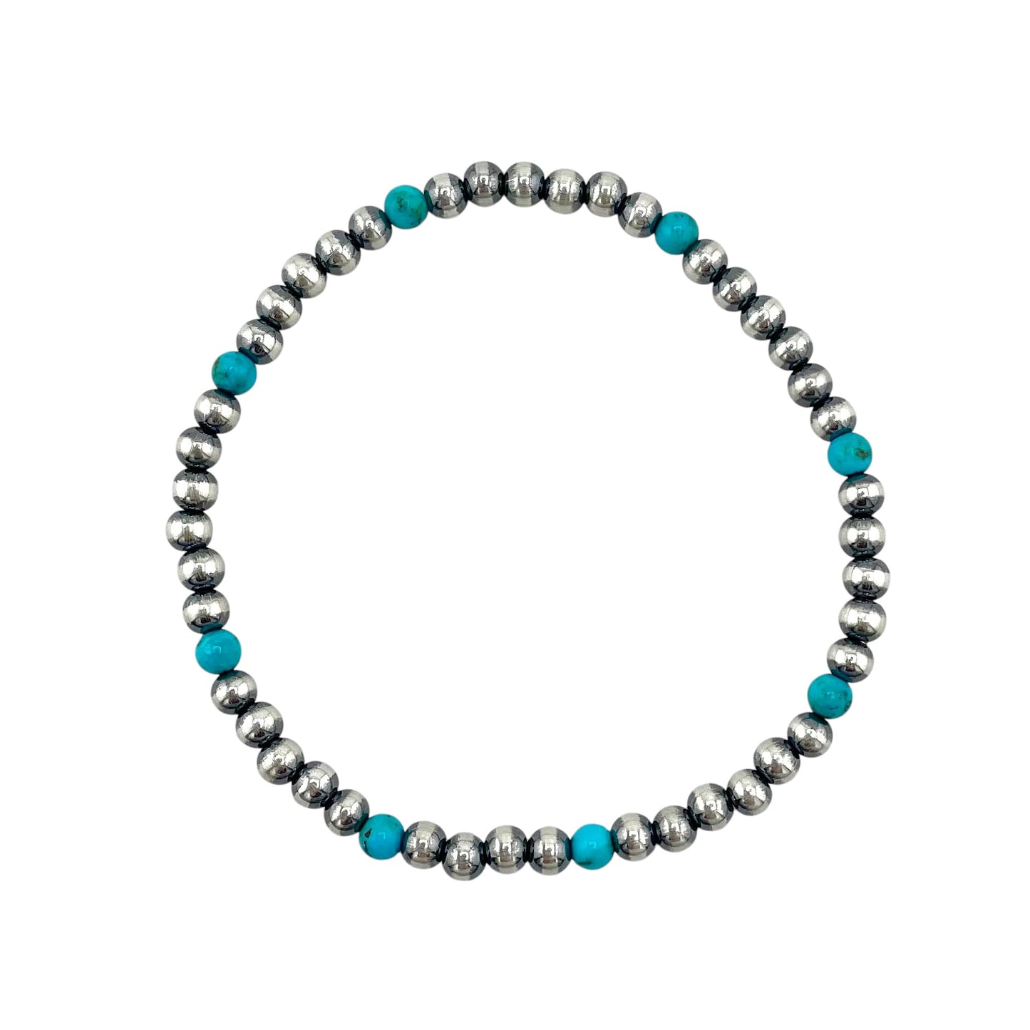 Blue Turquoise Desert Pearl 4mm Oxidized Round Bead Stretch Bracelet Sterling Silver