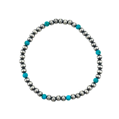 Blue Turquoise Desert Pearl 4mm Oxidized Round Bead Stretch Bracelet Sterling Silver