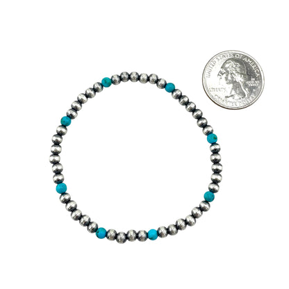 Blue Turquoise Desert Pearl 4mm Oxidized Round Bead Stretch Bracelet Sterling Silver