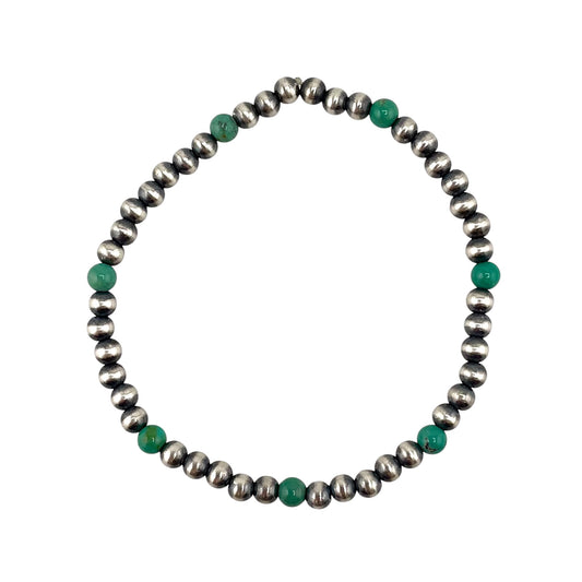 Turquoise Desert Pearl 4mm Oxidized Round Bead Stretch Bracelet Sterling Silver