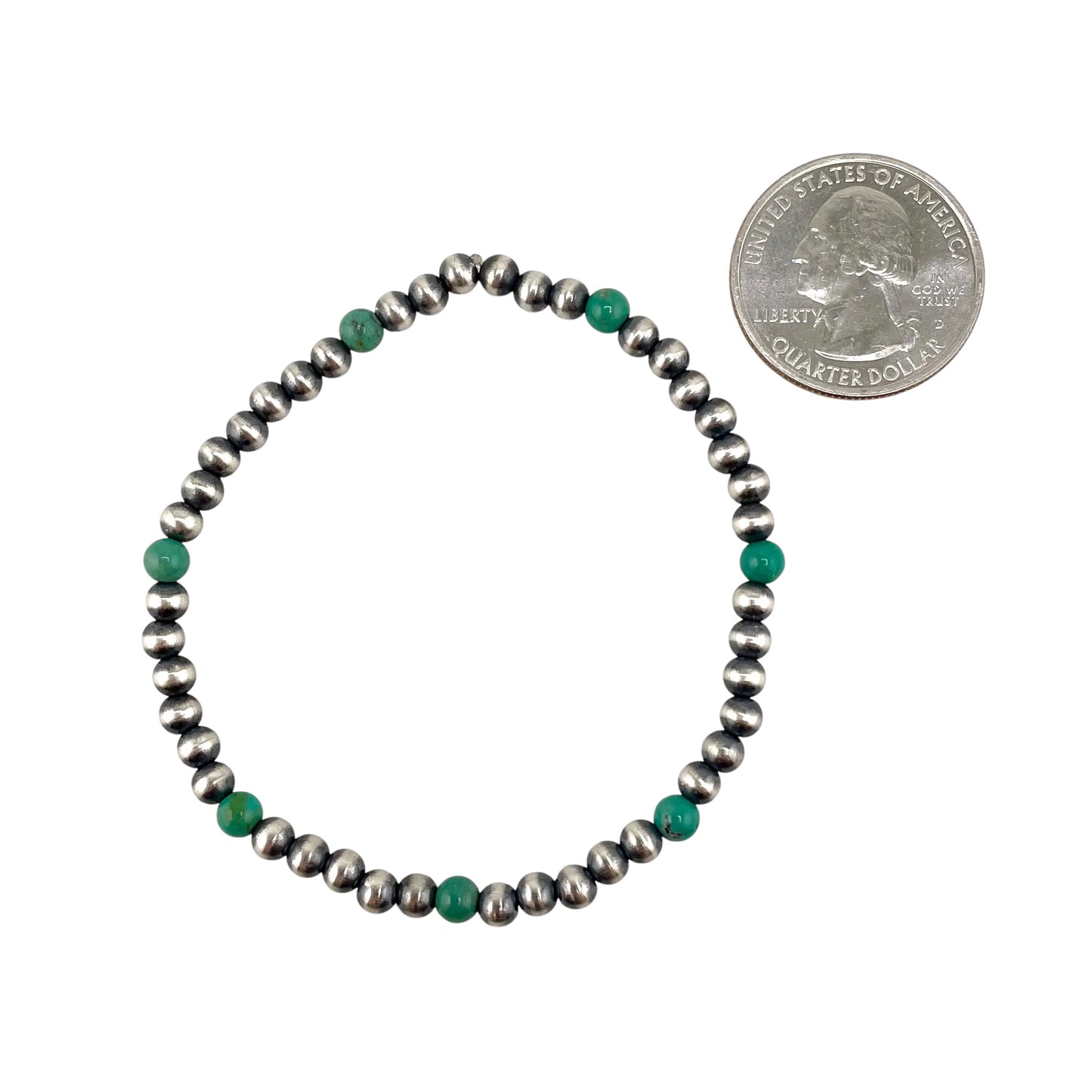 Turquoise Desert Pearl 4mm Oxidized Round Bead Stretch Bracelet Sterling Silver