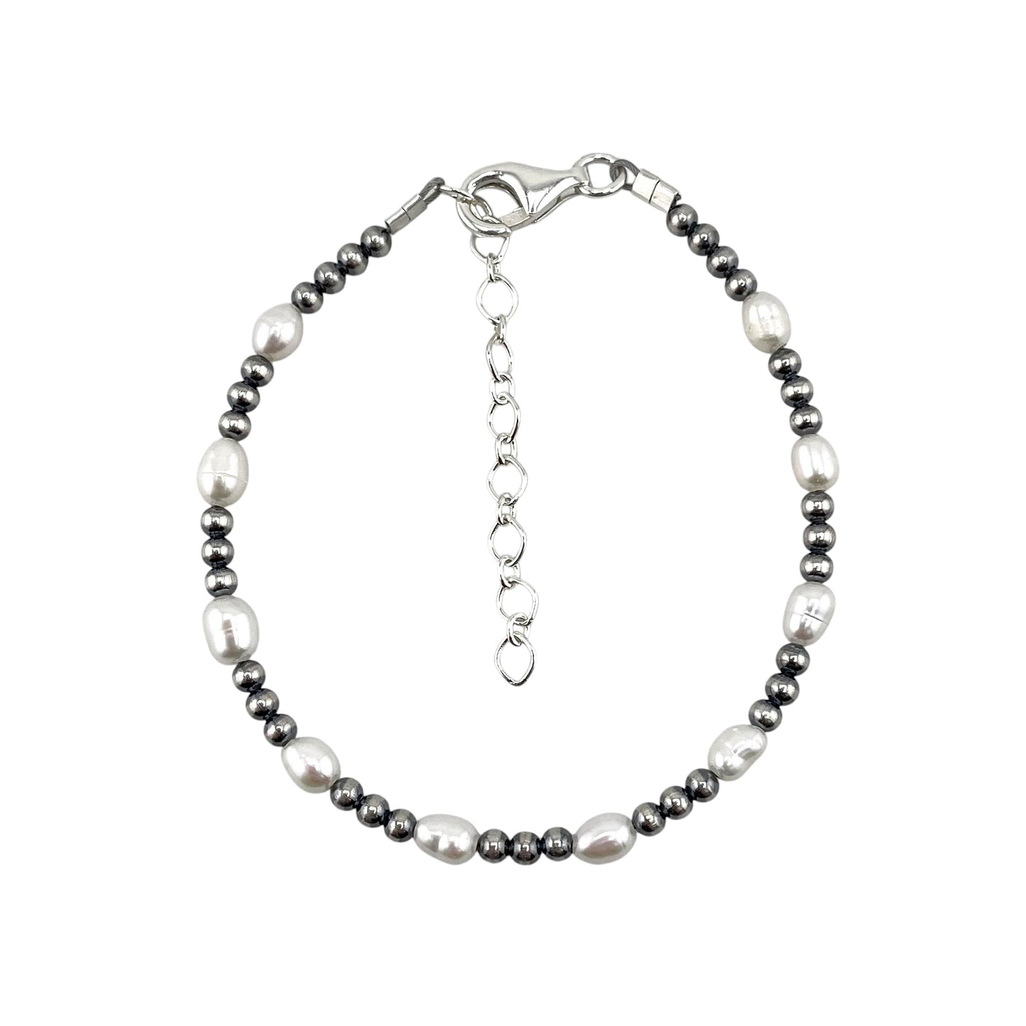 White Pearl & Desert Pearls Oxidized 3mm Bead Bracelet Sterling Silver
