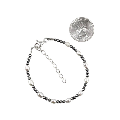 White Pearl & Desert Pearls Oxidized 3mm Bead Bracelet Sterling Silver