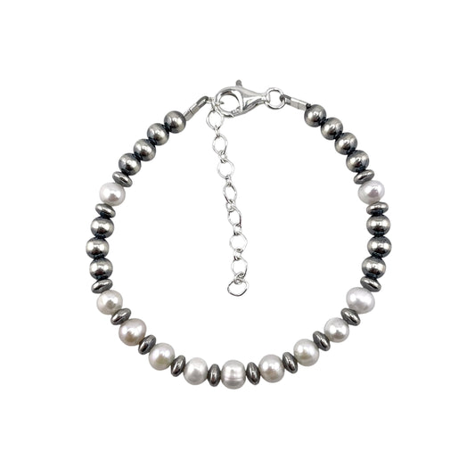 White Pearl & Desert Pearls 5mm Oxidized Bead Bracelet Sterling Silver