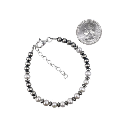 White Pearl & Desert Pearls 5mm Oxidized Bead Bracelet Sterling Silver