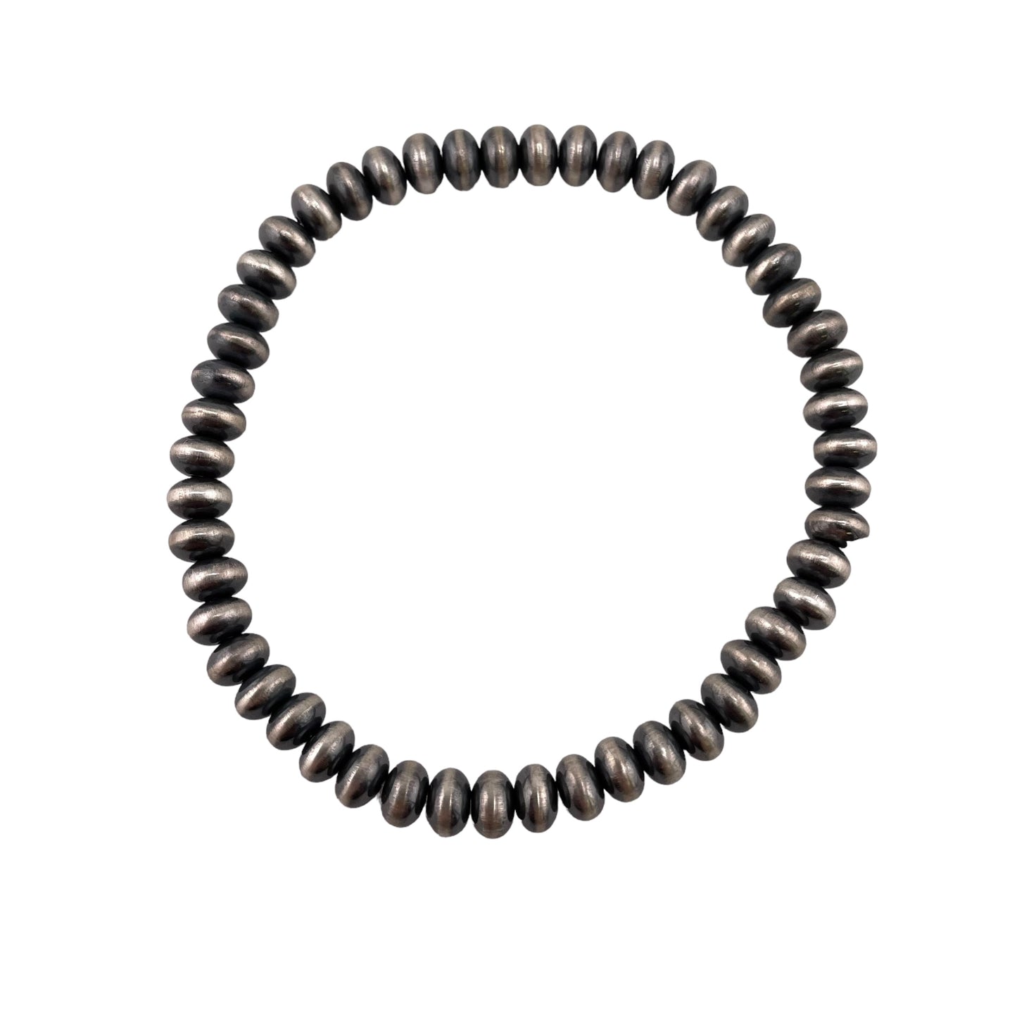 Sterling Silver Desert Pearls Oxidize Saucer Bead Stretch Bracelet. Available from 3mm to 9mm