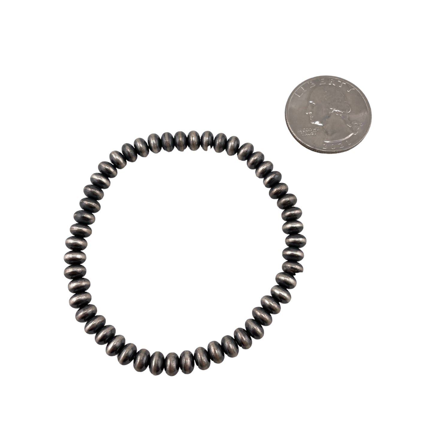 Sterling Silver Desert Pearls Oxidize Saucer Bead Stretch Bracelet. Available from 3mm to 9mm