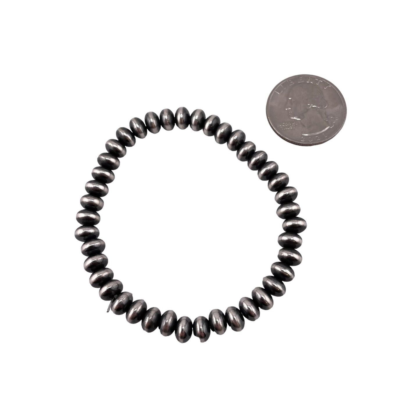 Sterling Silver Desert Pearls Oxidize Saucer Bead Stretch Bracelet. Available from 3mm to 9mm