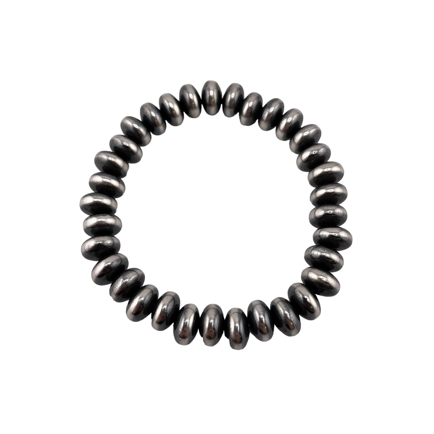 Sterling Silver Desert Pearls Oxidize Saucer Bead Stretch Bracelet. Available from 3mm to 9mm