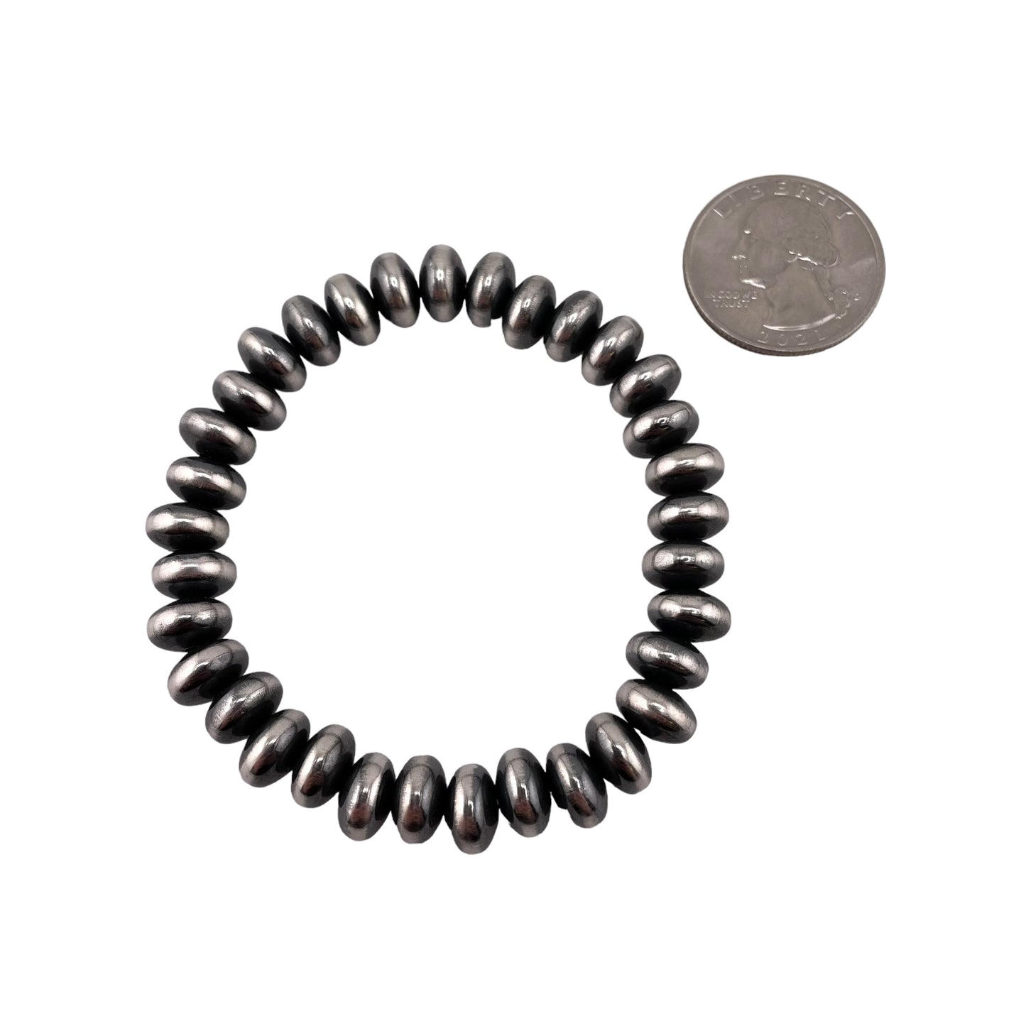 Sterling Silver Desert Pearls Oxidize Saucer Bead Stretch Bracelet. Available from 3mm to 9mm