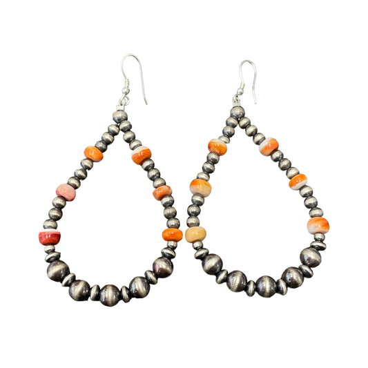 Orange Spiny Oyster Pearl Bead Dangle Earrings Sterling Silver