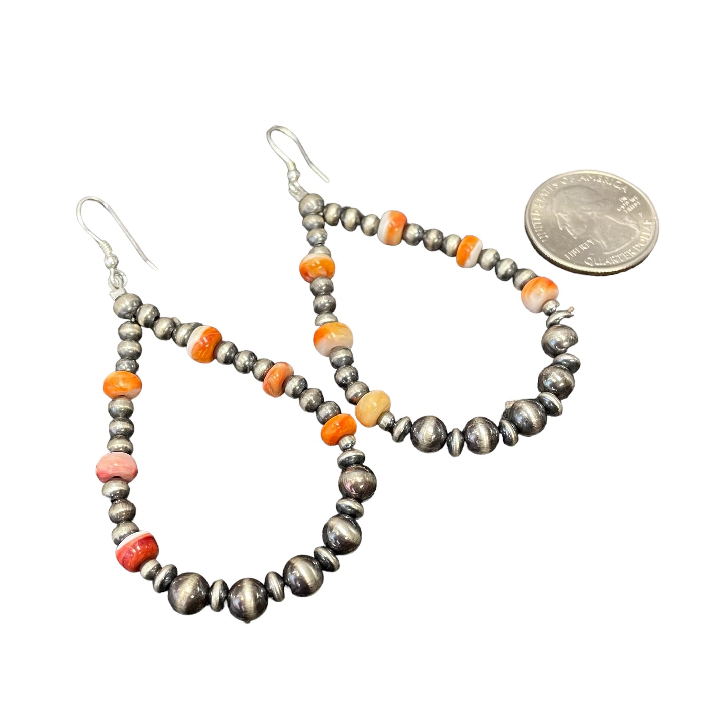 Orange Spiny Oyster Pearl Bead Dangle Earrings Sterling Silver