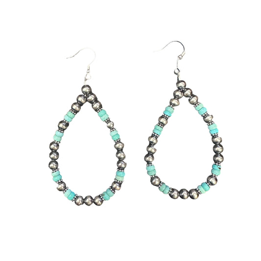 Blue Turquoise Navajo Pearl Bead Dangle Loop Earrings Sterling Silver