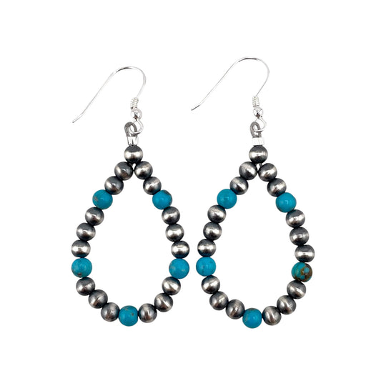 Blue Turquoise Desert Pearl Bead Dangle Loop Earrings Sterling Silver